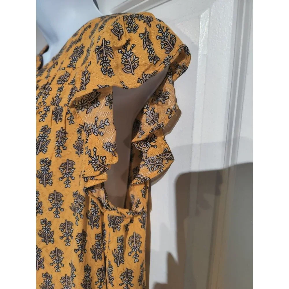 Knox Rose 'Sahara Gold' Yellow Flutter Sleeve Floral Blouse 1/4 Button S NWT - Picture 4 of 8